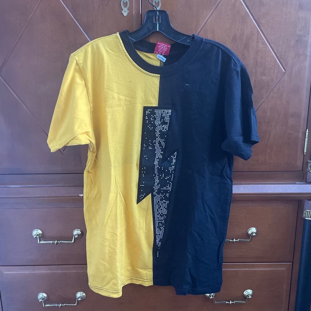 Yellow and Black Split T-Shirt with Lightning Bolt